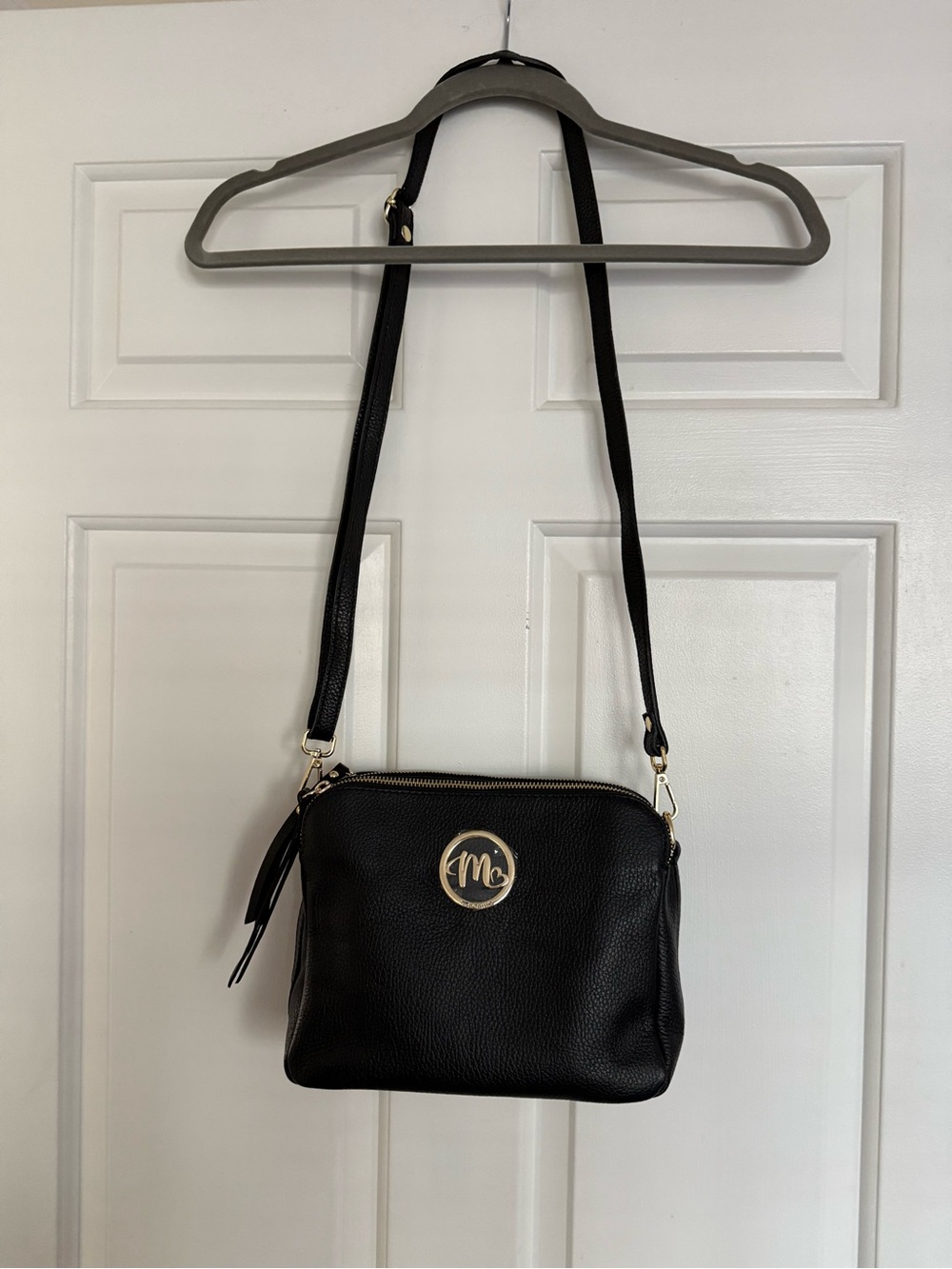 Black Pebbled Crossbody Bag with Gold Logo Accent